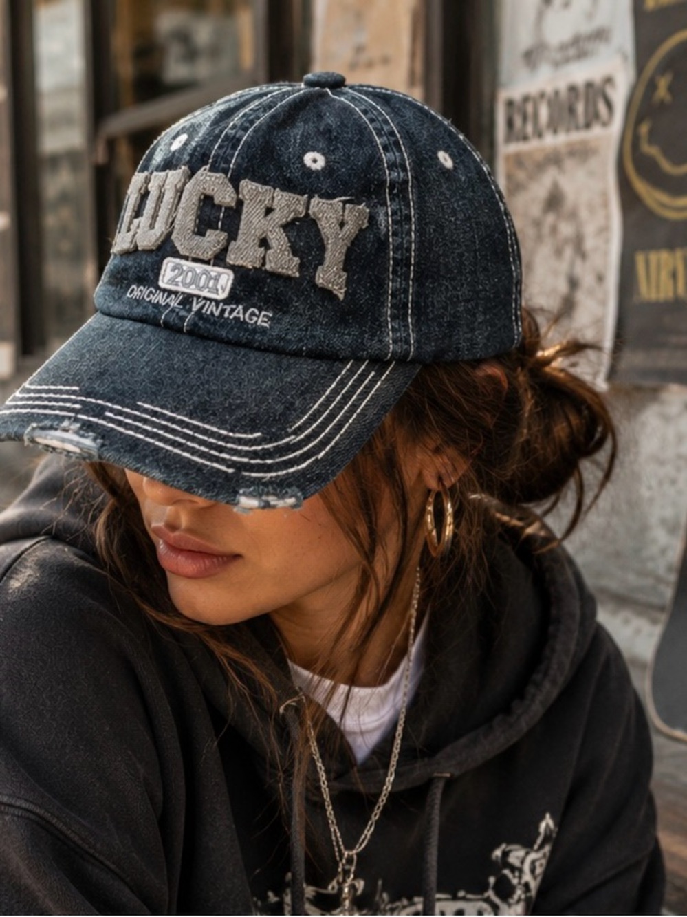 Lucky 2001 Distressed Denim Baseball Cap Y2K Adjustable Hat